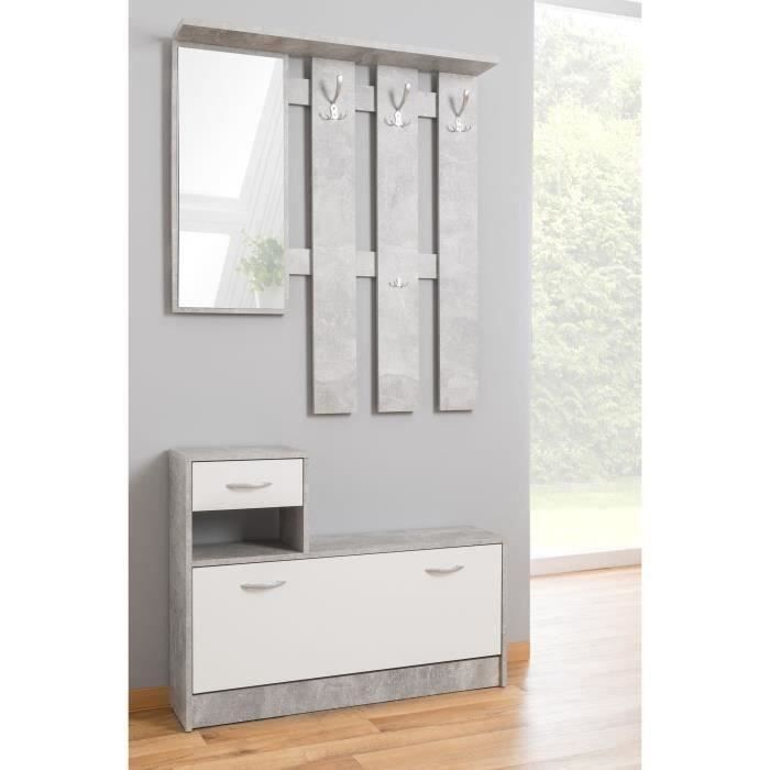 Vestiaire Rudolf - DÈcor bÈton structurÈ / blanc - 100 x 180 x 25 cm - 1 meuble a chaussures - 1 miroir - 4 crochets