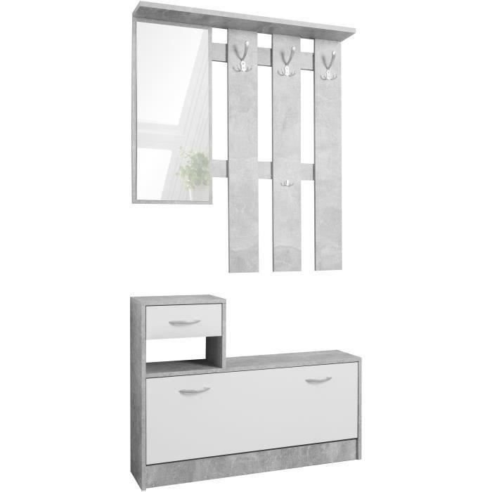 Vestiaire Rudolf - Décor béton structuré / blanc - 100 x 180 x 25 cm - 1 meuble a chaussures - 1 miroir - 4 crochets