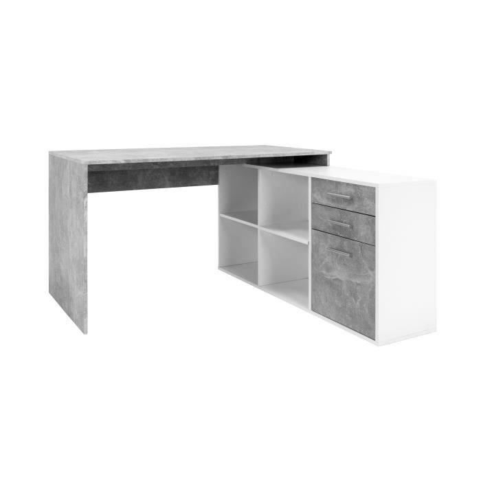 Bureau d'angle LONDON - Panneaux de particules - DÈcor bÈton structurÈ, blanc - 136 x 75 x 139 cm