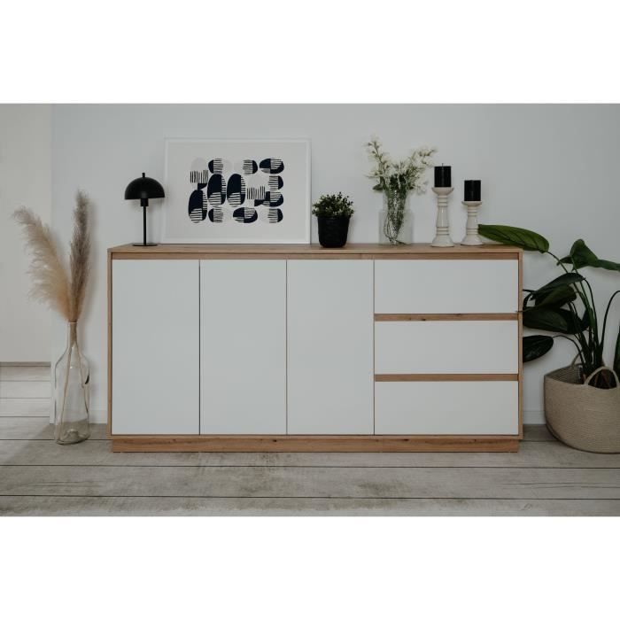 Buffet - PHoeNIX - DÈcor chene artisan / blanc HGL - 3 portes - 3 tiroirs - 178 x 88 x 40 cm