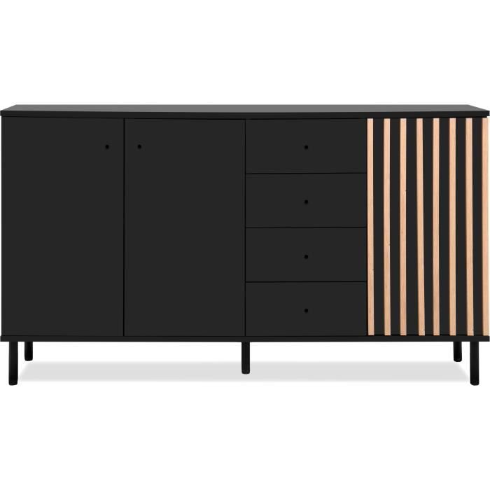 Buffet - MONZA - DÈcor noir / chene artisan - 3 portes - 4 tiroirs - 160 x 90 x 40 cm