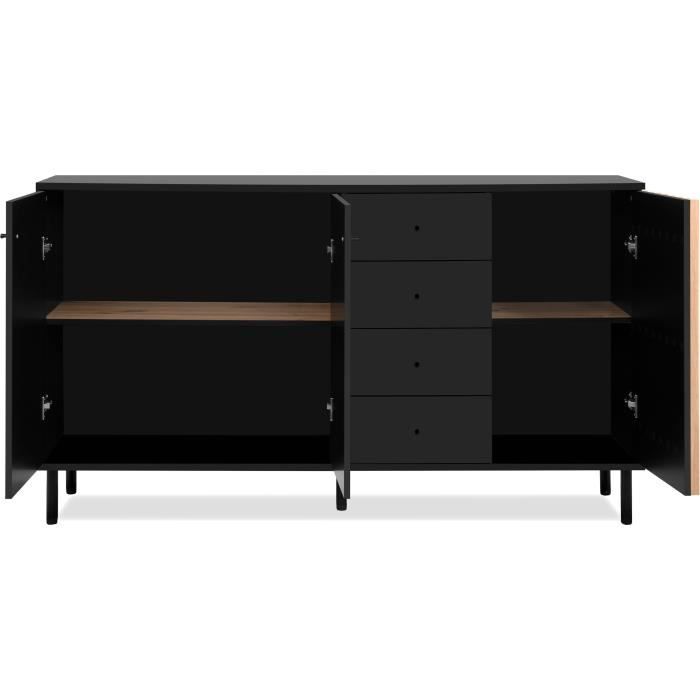 Buffet - MONZA - DÈcor noir / chene artisan - 3 portes - 4 tiroirs - 160 x 90 x 40 cm
