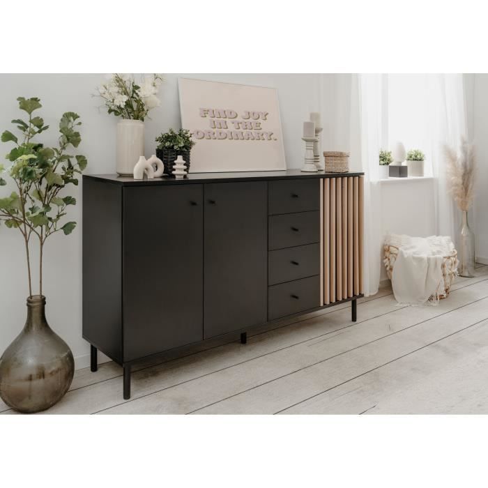 Buffet - MONZA - DÈcor noir / chene artisan - 3 portes - 4 tiroirs - 160 x 90 x 40 cm