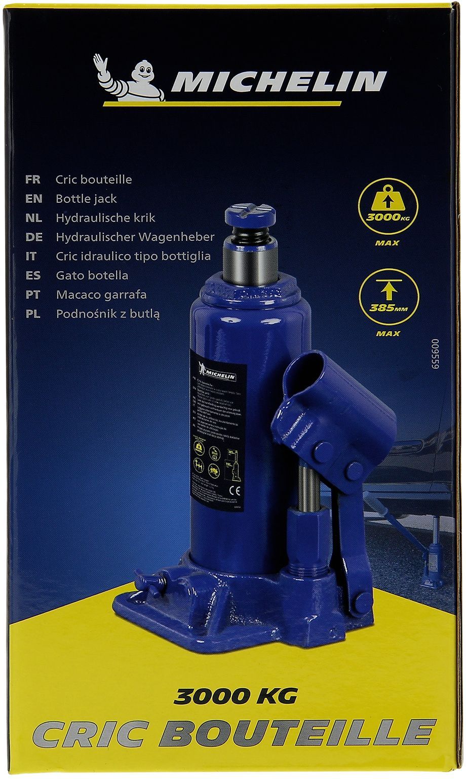 Cric hydraulique bouteille 3 tonnes hauteur levage 195mm a 385mm - MICHELIN - Pour le levage de voiture, SUV, utilitaires, 4x4.
