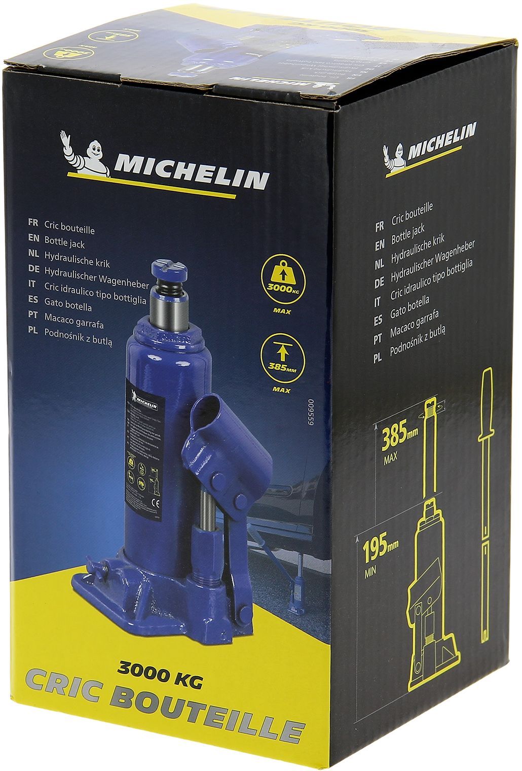 Cric hydraulique bouteille 3 tonnes hauteur levage 195mm a 385mm - MICHELIN - Pour le levage de voiture, SUV, utilitaires, 4x4.