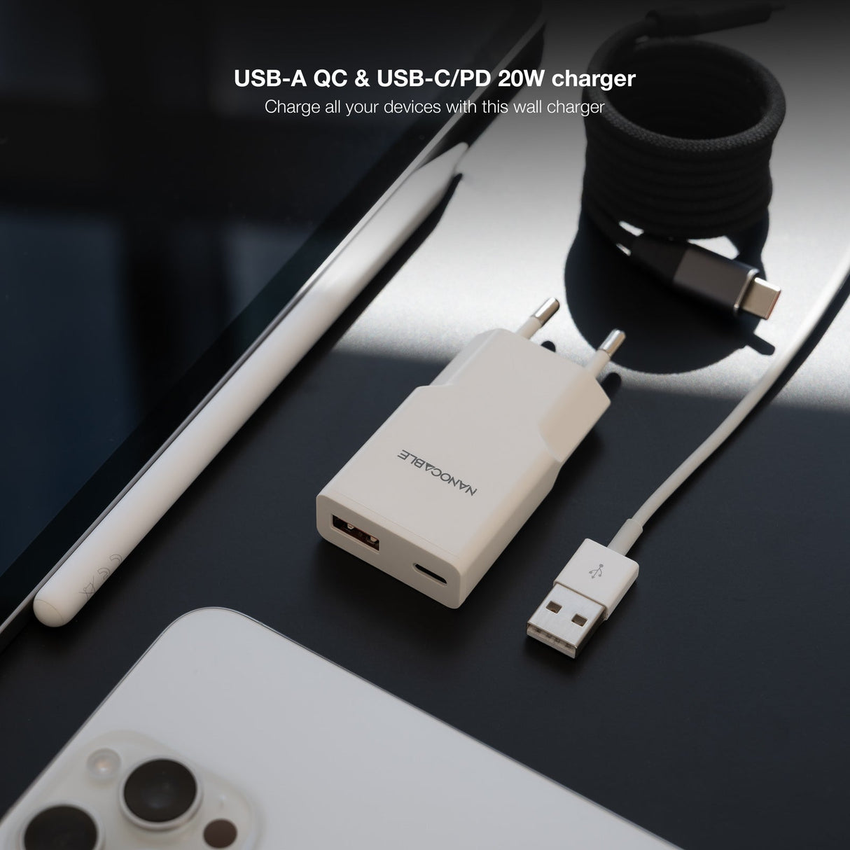 Chargeur secteur Nanocable 1x USB-C + USB-A 20W (Blanc)