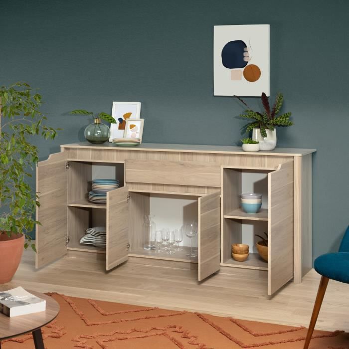 Buffet bas - Panneaux de particules - Décor chene dakota - 4 portes + 1 tiroir - Betty - L 185 x P 46 x H 85,5 cm