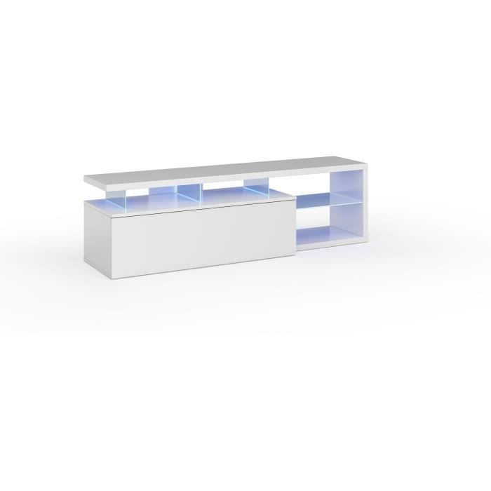Meuble TV réversible BLUE-TECH - Mélaminé blanc laqué - 1 Porte abattante - LED - Blanc brillant - L150 x P41 x H43 cm