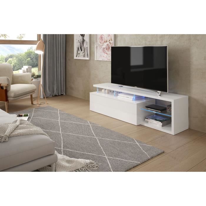 Meuble TV réversible BLUE-TECH - Mélaminé blanc laqué - 1 Porte abattante - LED - Blanc brillant - L150 x P41 x H43 cm