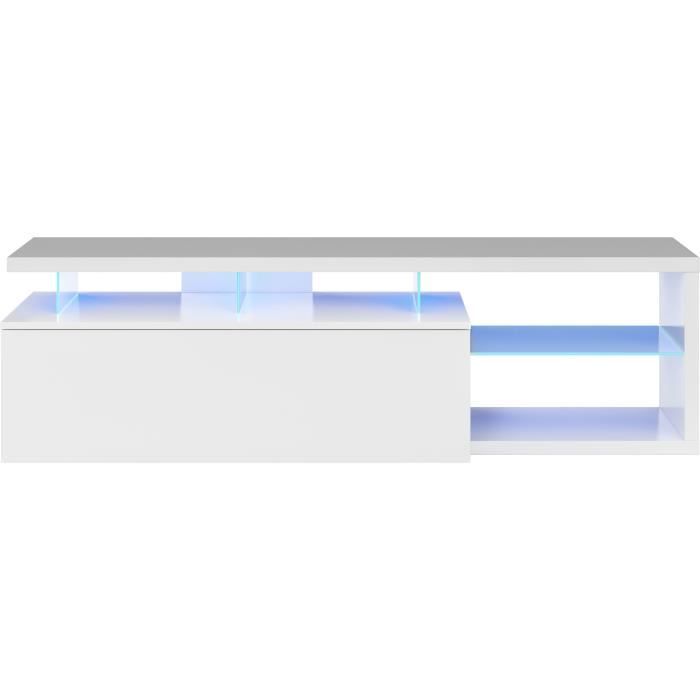 Meuble TV réversible BLUE-TECH - Mélaminé blanc laqué - 1 Porte abattante - LED - Blanc brillant - L150 x P41 x H43 cm