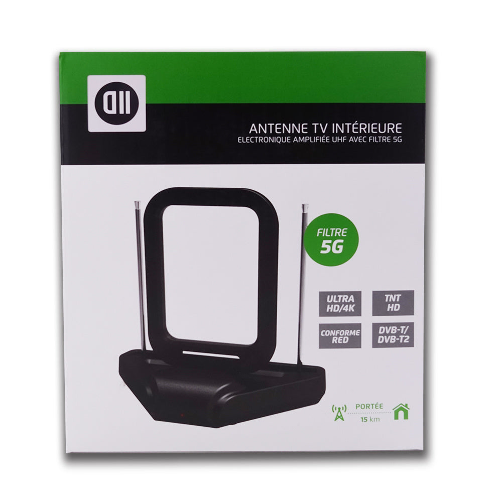 Antenne TV intérieure UHF - avec filtre 5G - compatible UHD/4K et DVB-T/DVB-T2 -