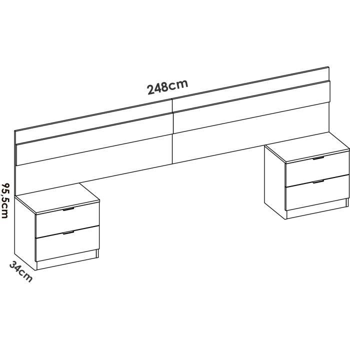Tete de lit avec 2 tables de chevet a 2 tiroirs - Lamelles / Blanc - 248 x 34,2 x 96 cm