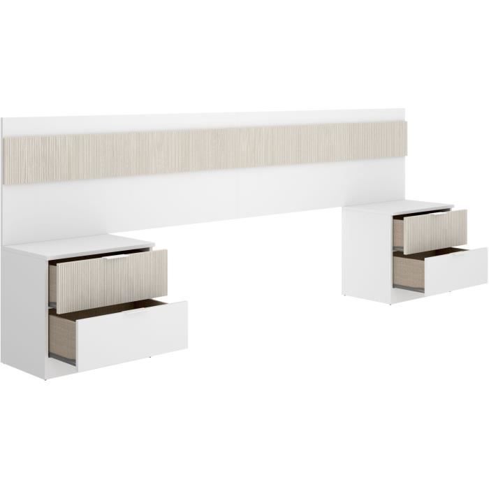 Tete de lit avec 2 tables de chevet a 2 tiroirs - Lamelles / Blanc - 248 x 34,2 x 96 cm
