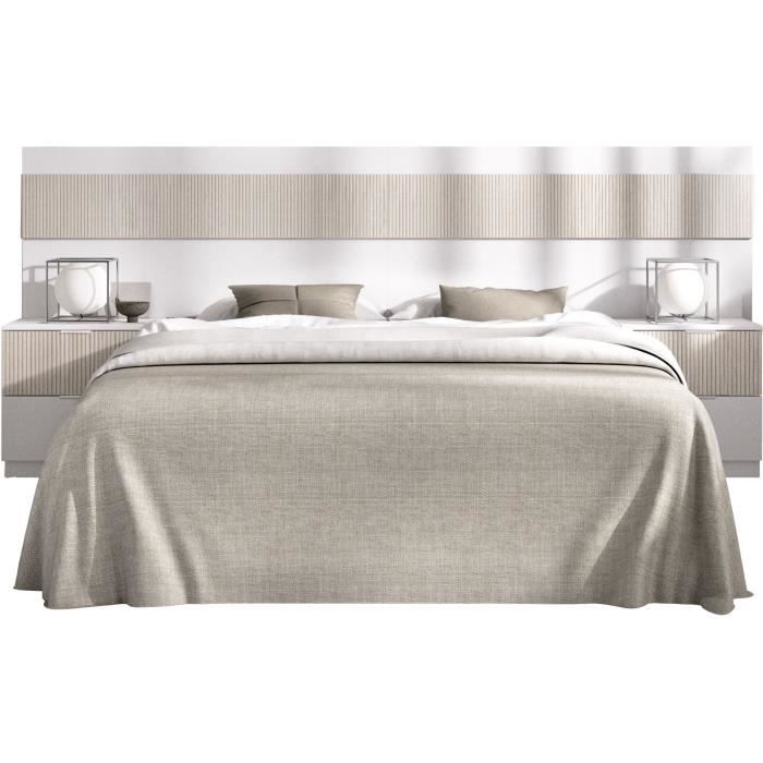 Tete de lit avec 2 tables de chevet a 2 tiroirs - Lamelles / Blanc - 248 x 34,2 x 96 cm