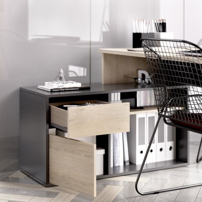 Bureau d'angle reversible 1 tiroir + 1 porte - Décor chene et gris - L 139 x P 92 x H 75 cm - ROX