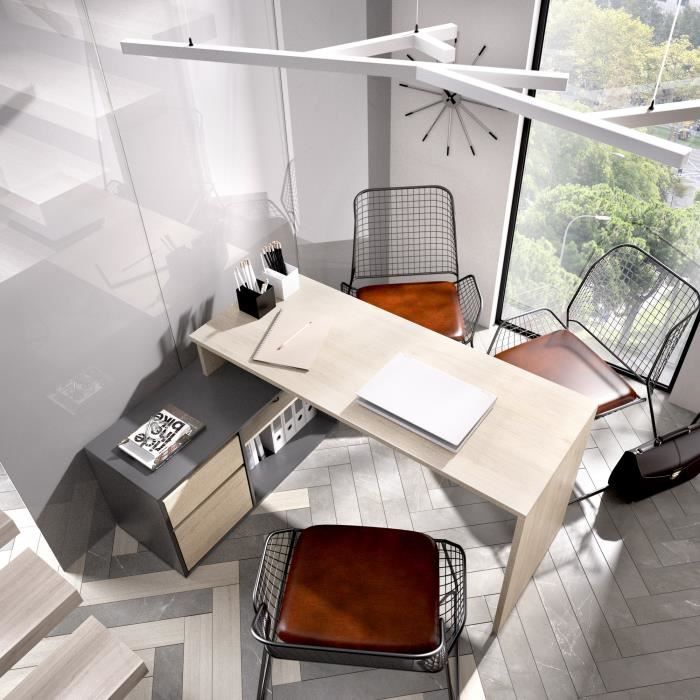 Bureau d'angle reversible 1 tiroir + 1 porte - Décor chene et gris - L 139 x P 92 x H 75 cm - ROX