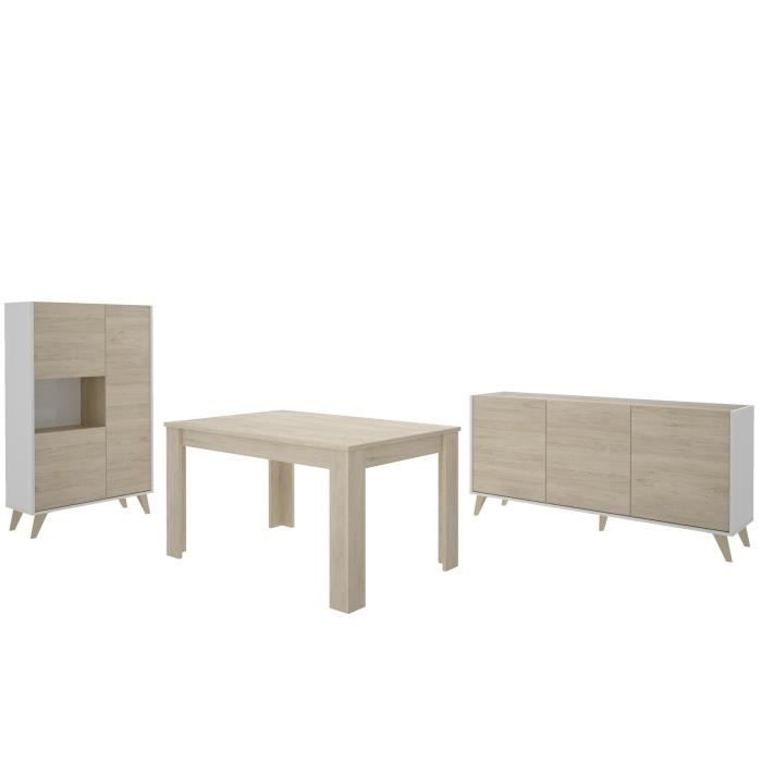 Salle a manger complete NESS - Enfilade, Vitrine et Table - MÈlamine DÈcor bois et blanc