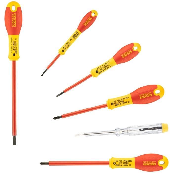 Jeu de 6 Tournevis - STANLEY FATMAX - 0-65-441 - Isolés 1000V - Electricien + Philipps + Testeur