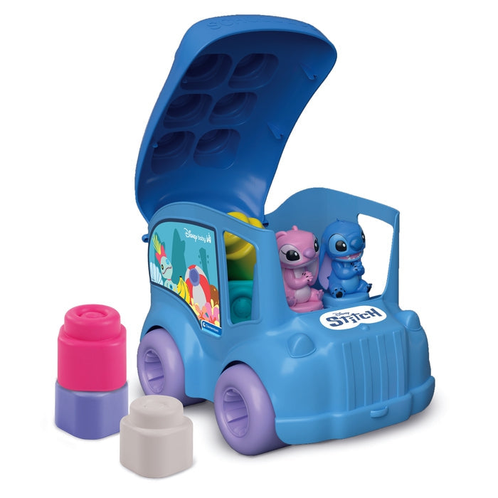 Clementoni - Bus Stitch Clemmy - 6 cubes souples a empiler - 2 figurines - Éveil sensoriel et motricité fine - Pour bébé des 6 mois