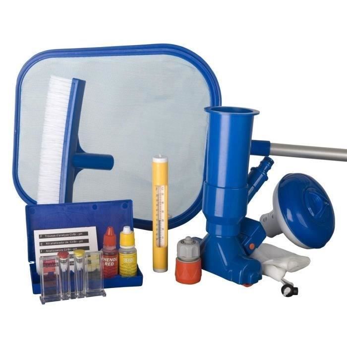 GRE - Kit de nettoyage piscine 7 pieces - trousse d'analyse, 1 brosse, 1 Èpuisette, 1 manche, 1 thermometre, 1 doseur et 1 Jet Vac