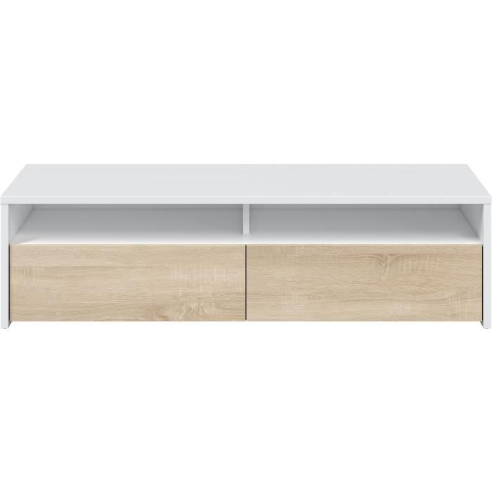 Meuble TV - KIOTO - Blanc Artik / Chene Canadien - 2 portes - 2 niches - 130 x 42 x 36 cm