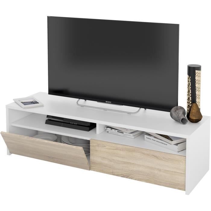 Meuble TV - KIOTO - Blanc Artik / Chene Canadien - 2 portes - 2 niches - 130 x 42 x 36 cm