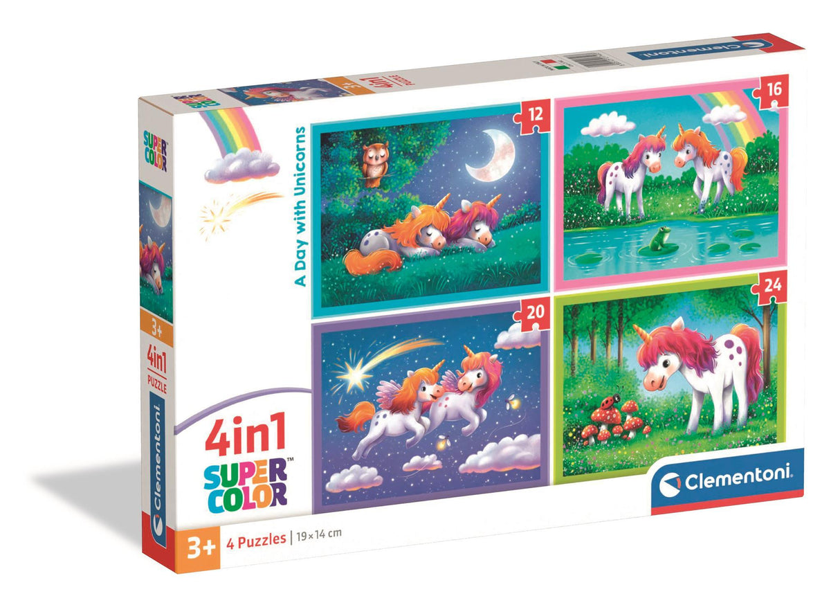 CLEMENTONI - Puzzle 4 en 1 - A Day with Unicorns