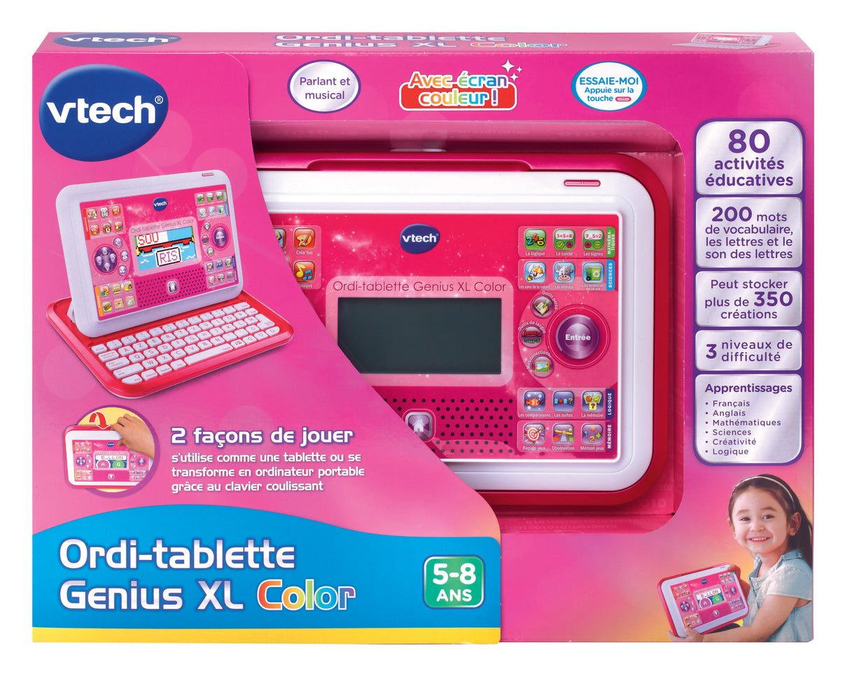 Ordi-Tablette Enfant VTECH Genius XL Color Rose - 2 en 1 avec écran couleur - Mixte - A partir de 5 ans