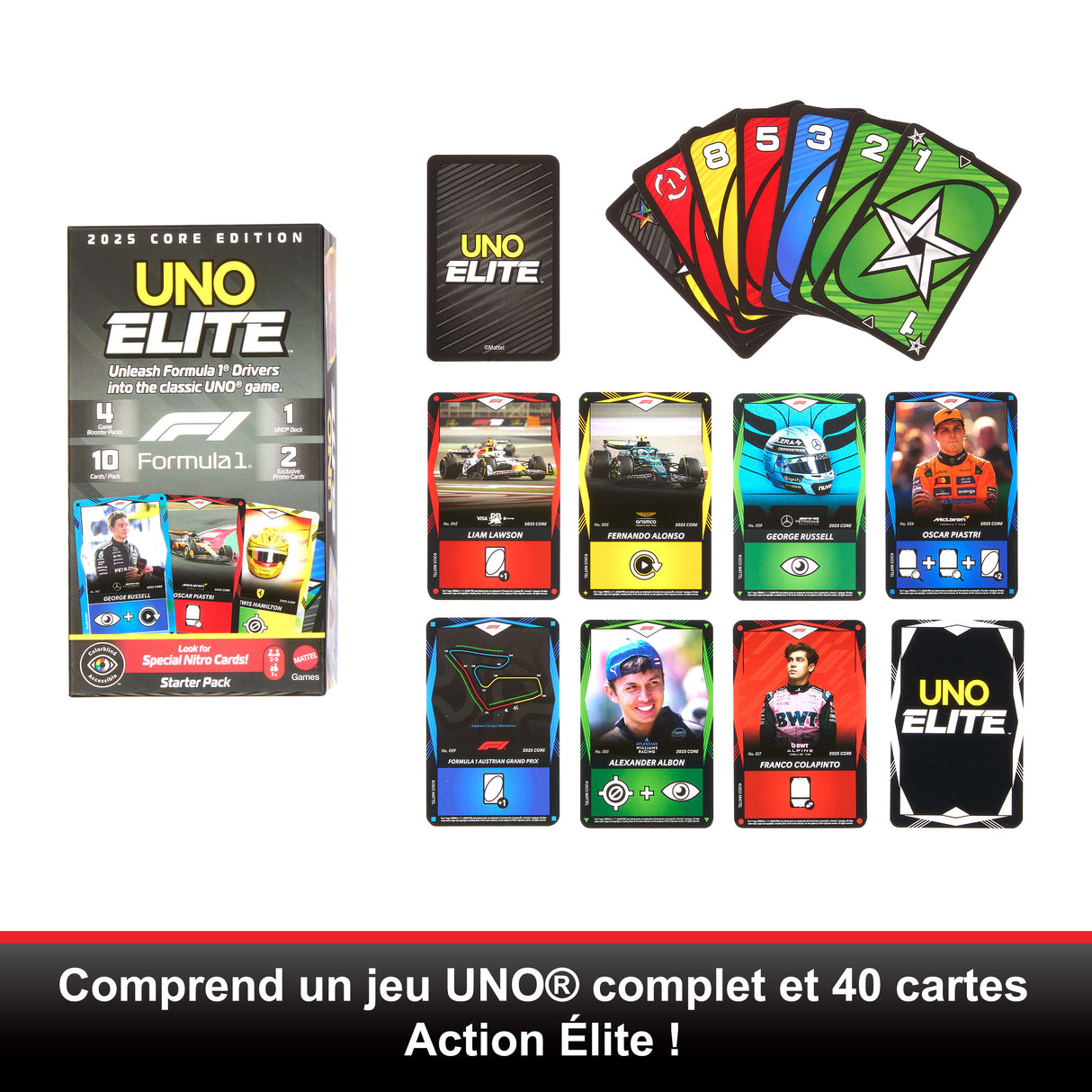 UNO Élite Formula 1 Édition - Jeu de cartes - Avec 4 boosters - Mattel Games - JLV42 - 7 ans et +