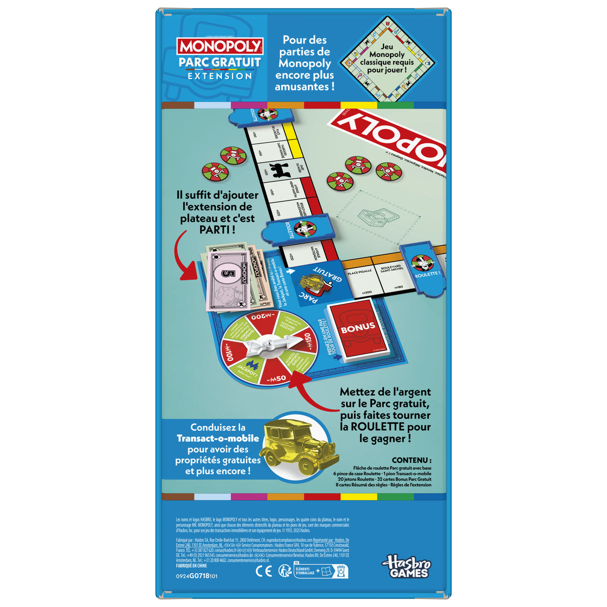 Monopoly Extension Parc gratuit, rend le jeu Monopoly classique plus amusant et plus rapide, 2 a 6 joueurs, 40 minutes, jeux de plat