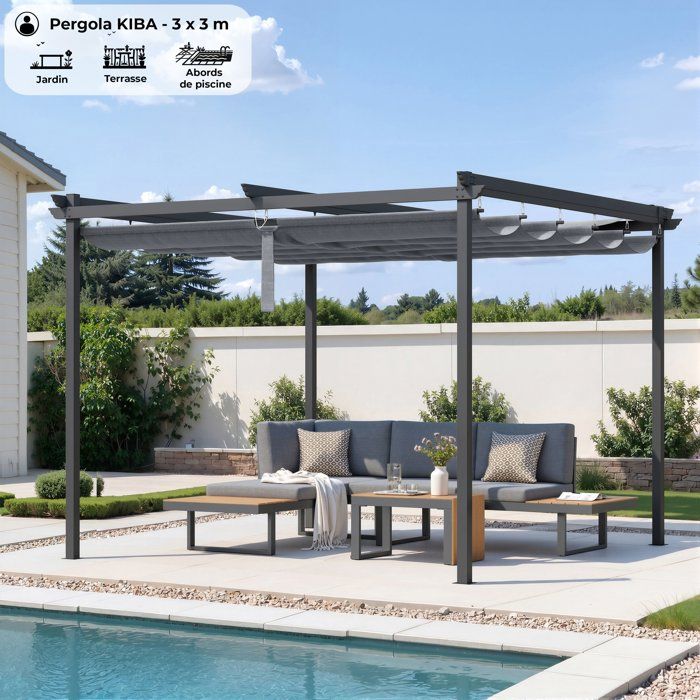 Pergola toit rétractable - KIBA - Structure en acier - Toile en polyester - Gris - 3 x 3 m