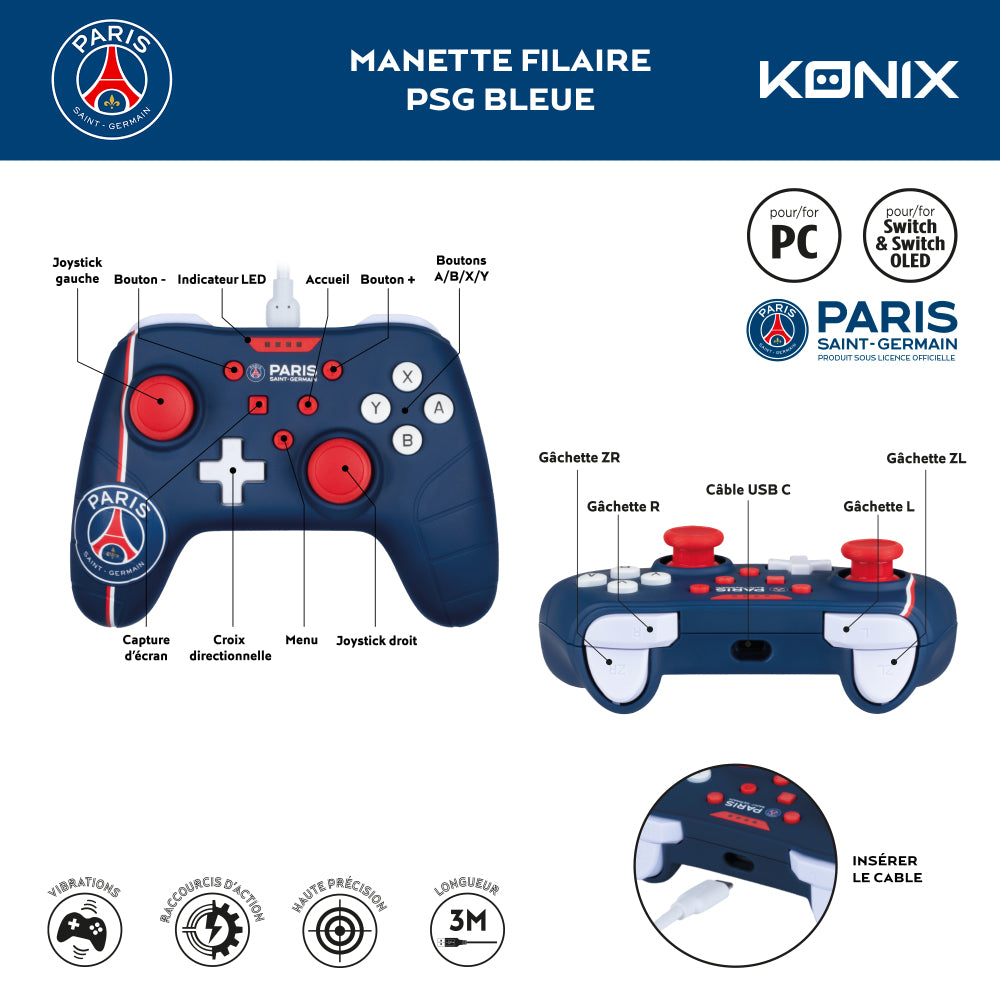 Manette de jeu - Nintendo Switch, Switch 2 et PC - PSG - Filaire - Bleu, blanc et rouge - Fonction vibration - Câble 3 m - Konix