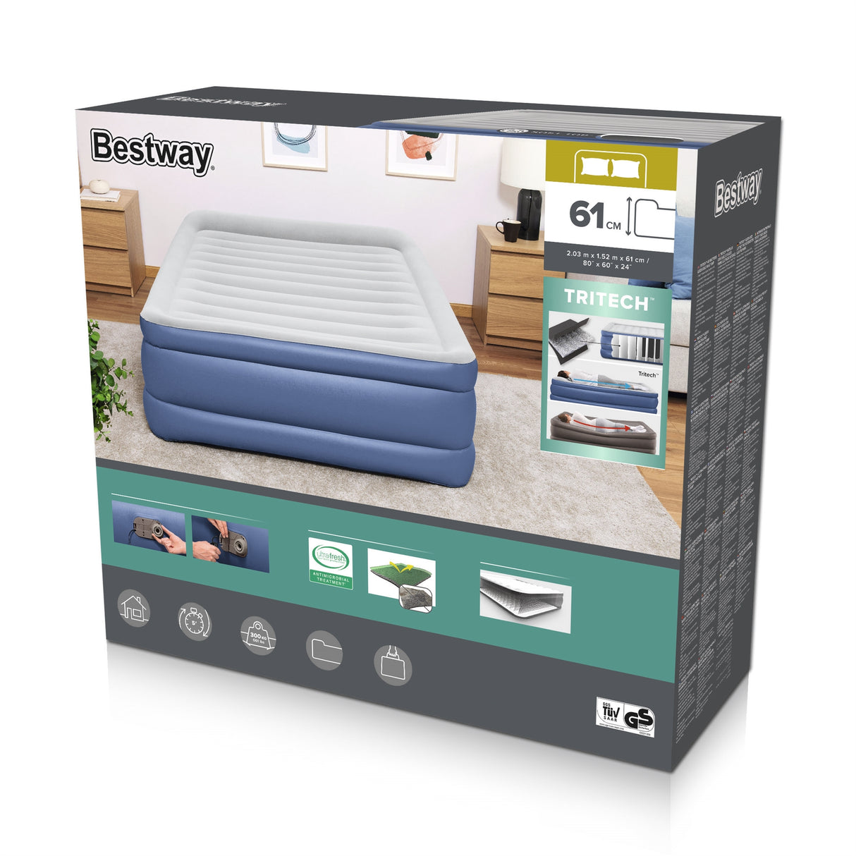 Lit gonflable - Bestway - Tritech - 152 x 203 x 46 cm - 2 places - Pompe intégrée
