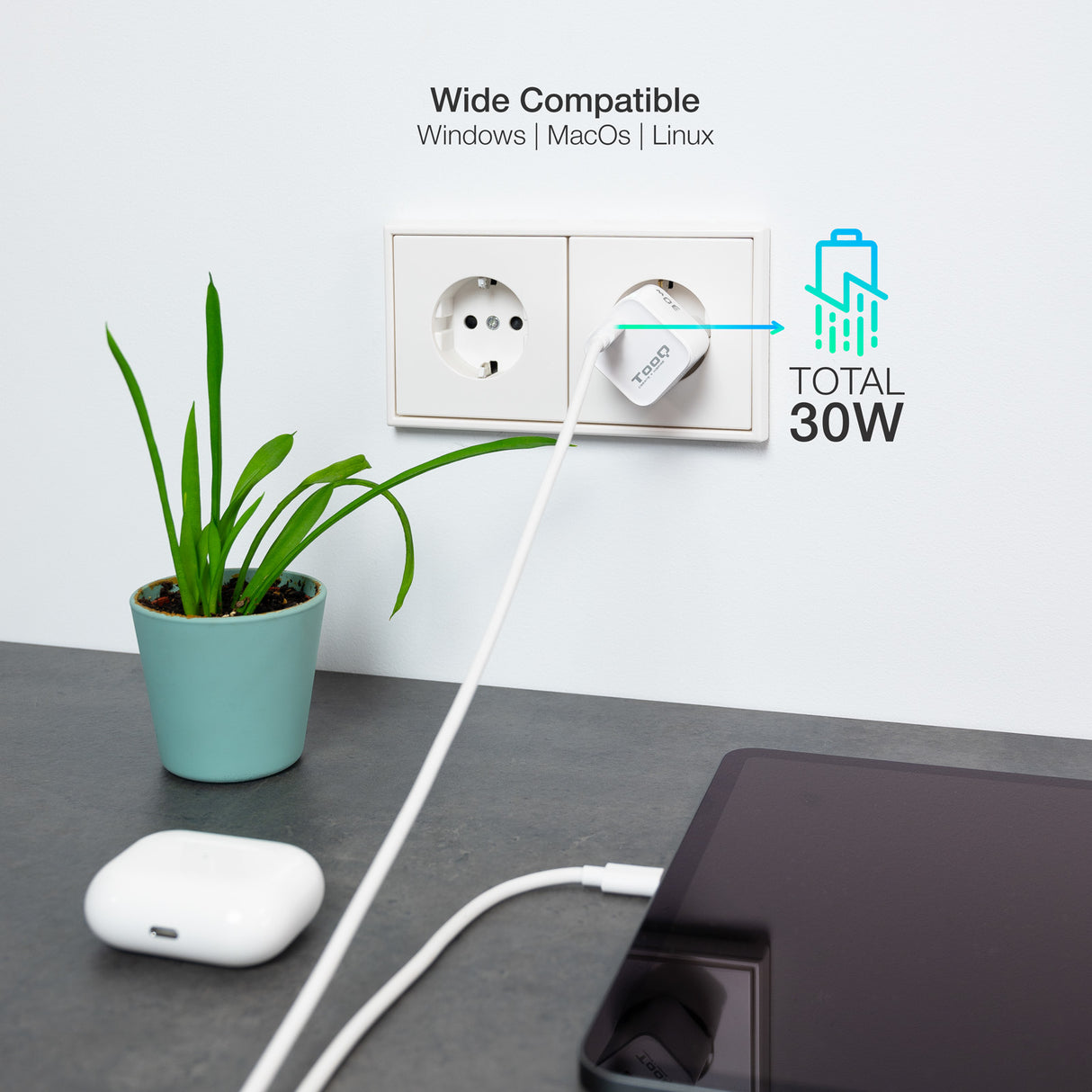 Chargeur secteur TooQ TQWC-GANPD30 1 port USB-C 30W (Blanc)