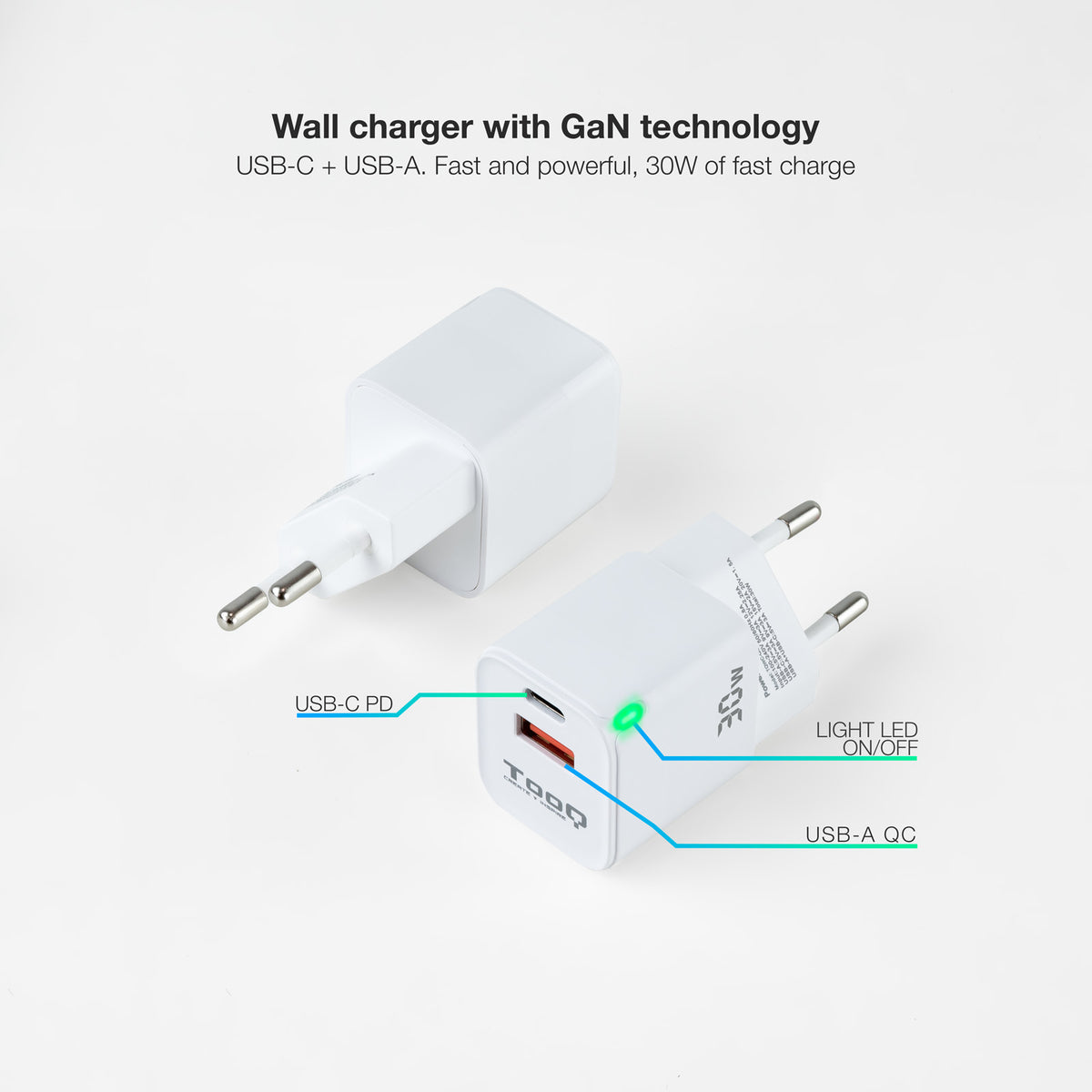 Chargeur Secteur Tooq TQWC-GANQCPD30WT 1x USB-A + 1x USB-C 30w (Blanc)