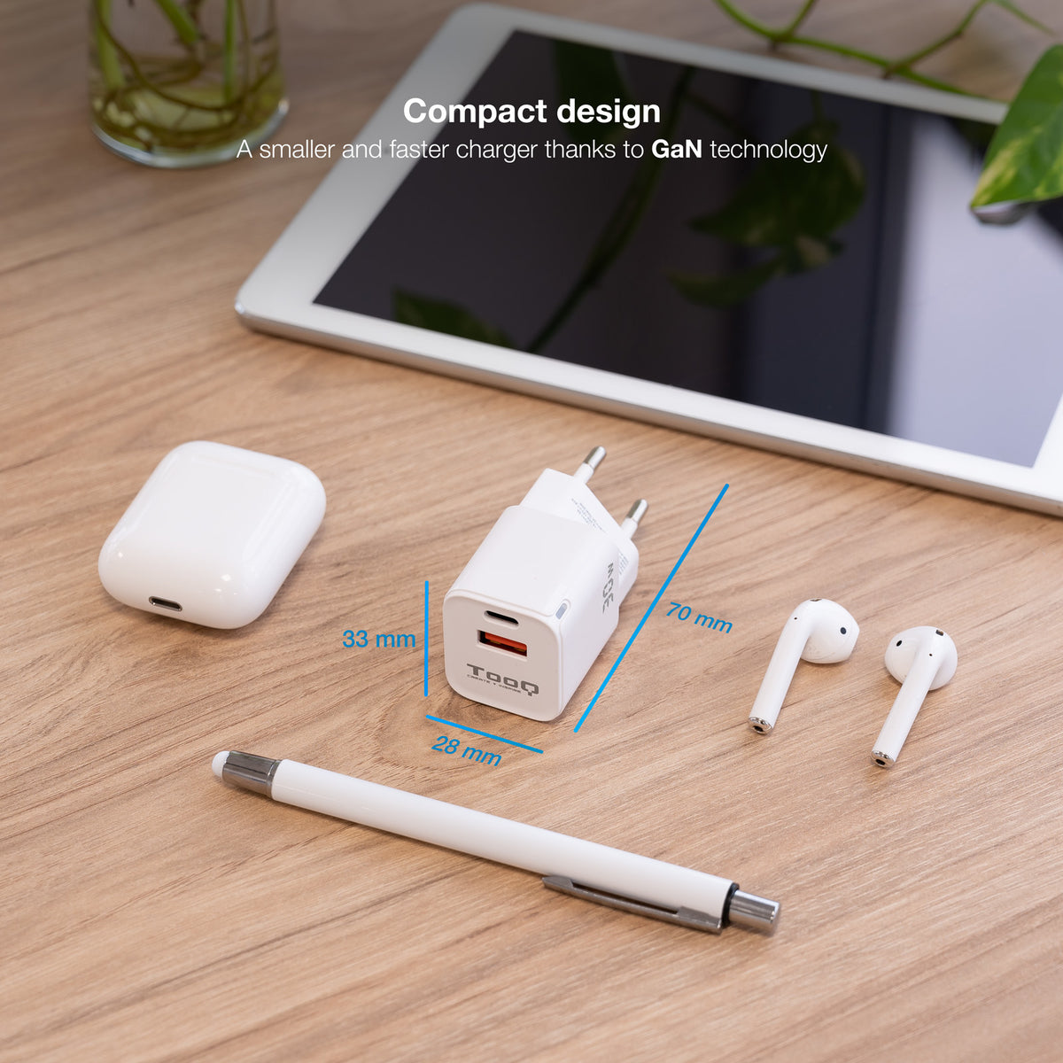 Chargeur Secteur Tooq TQWC-GANQCPD30WT 1x USB-A + 1x USB-C 30w (Blanc)