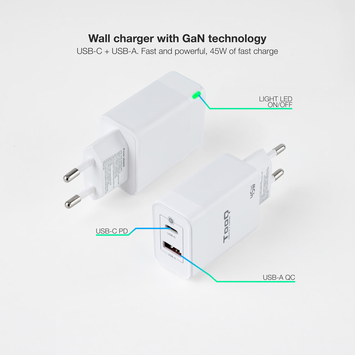 Chargeur secteur TooQ 1x port USB-A + 1x port USB-C 45W (Blanc)