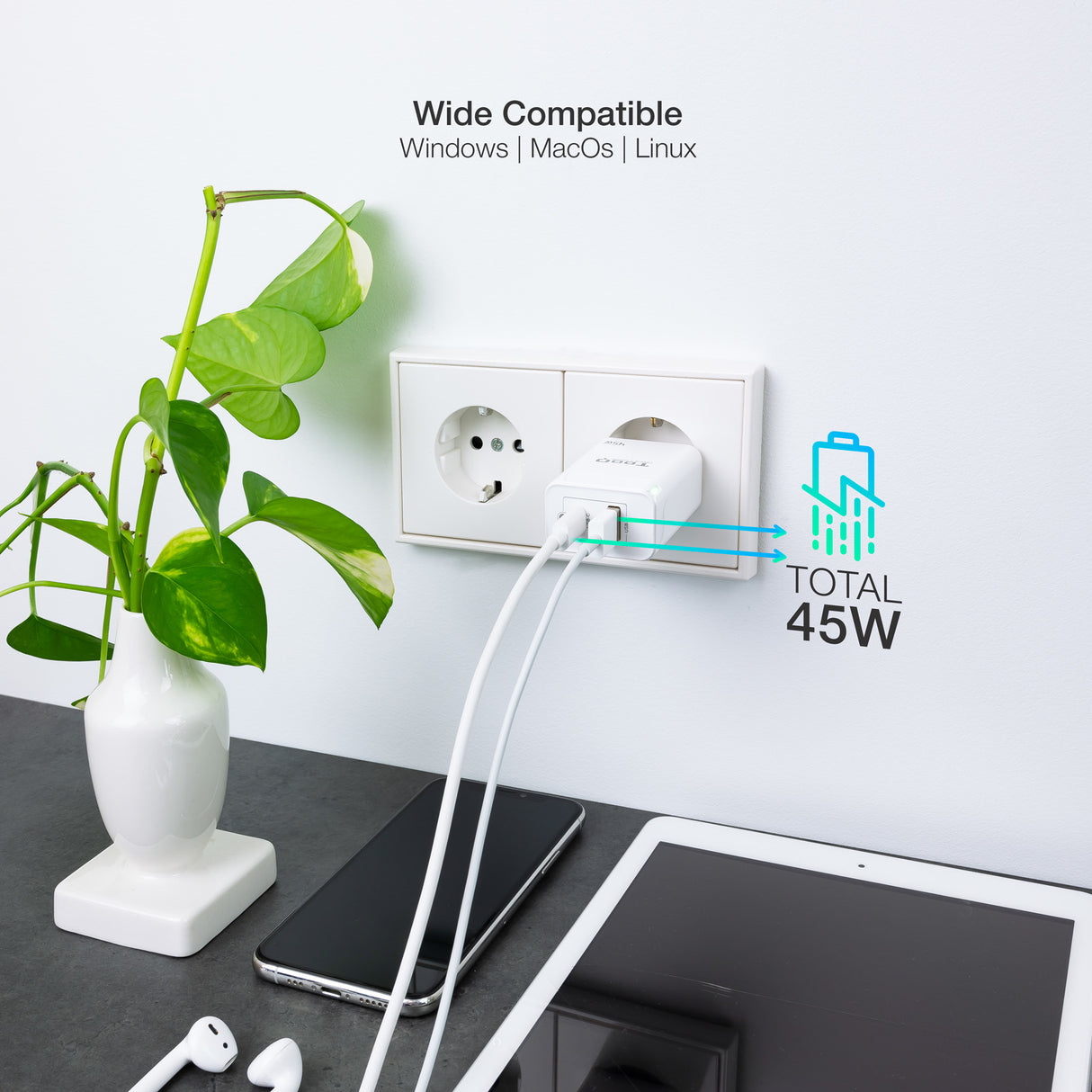 Chargeur secteur TooQ 1x port USB-A + 1x port USB-C 45W (Blanc)