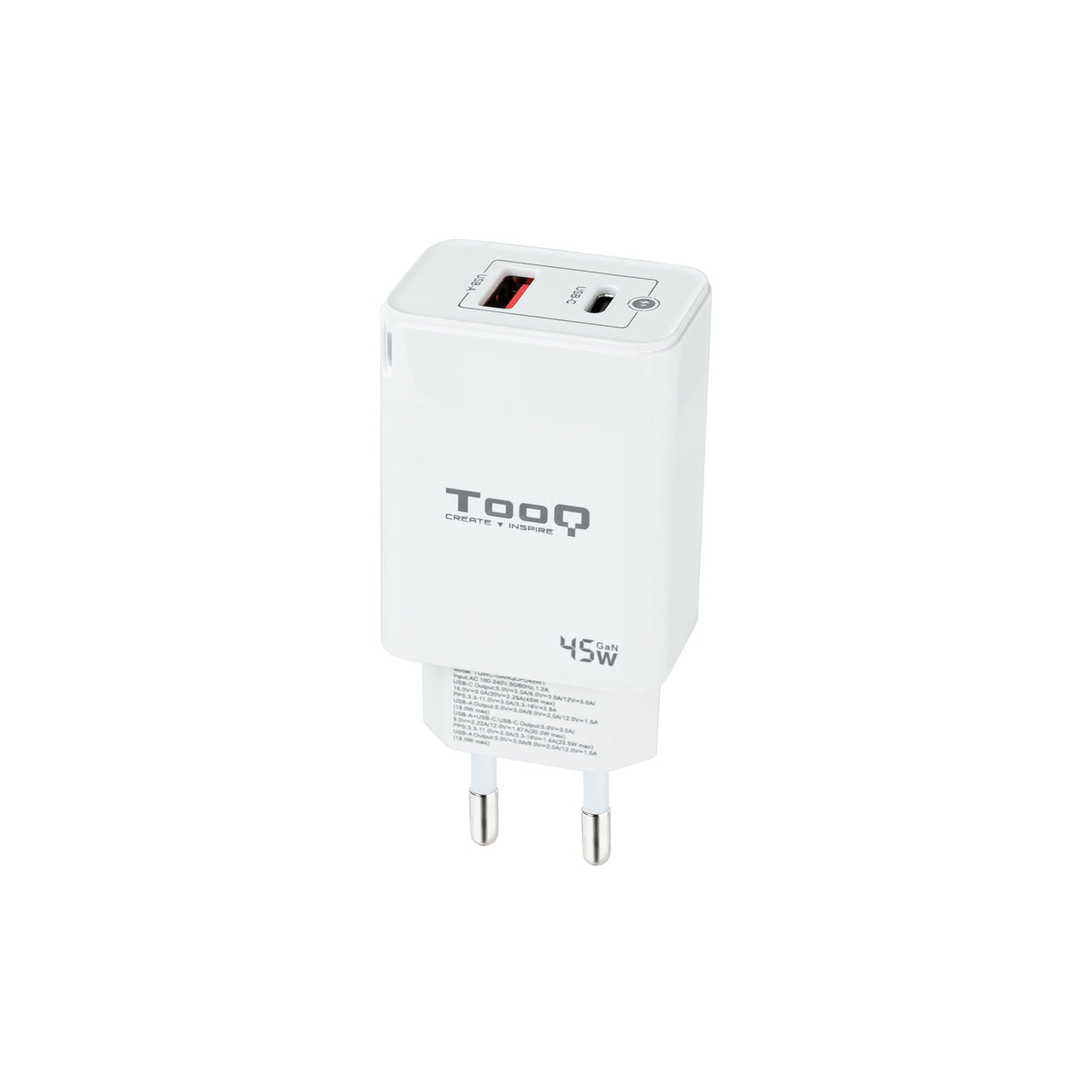 Chargeur secteur TooQ 1x port USB-A + 1x port USB-C 45W (Blanc)