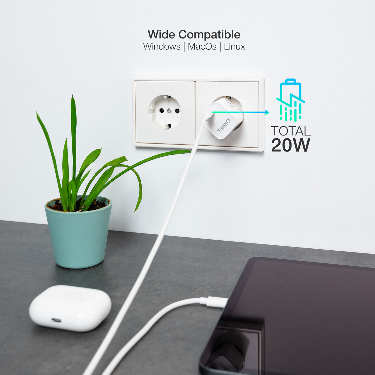 Chargeur secteur TooQ 1 port USB-C 20W (Blanc)
