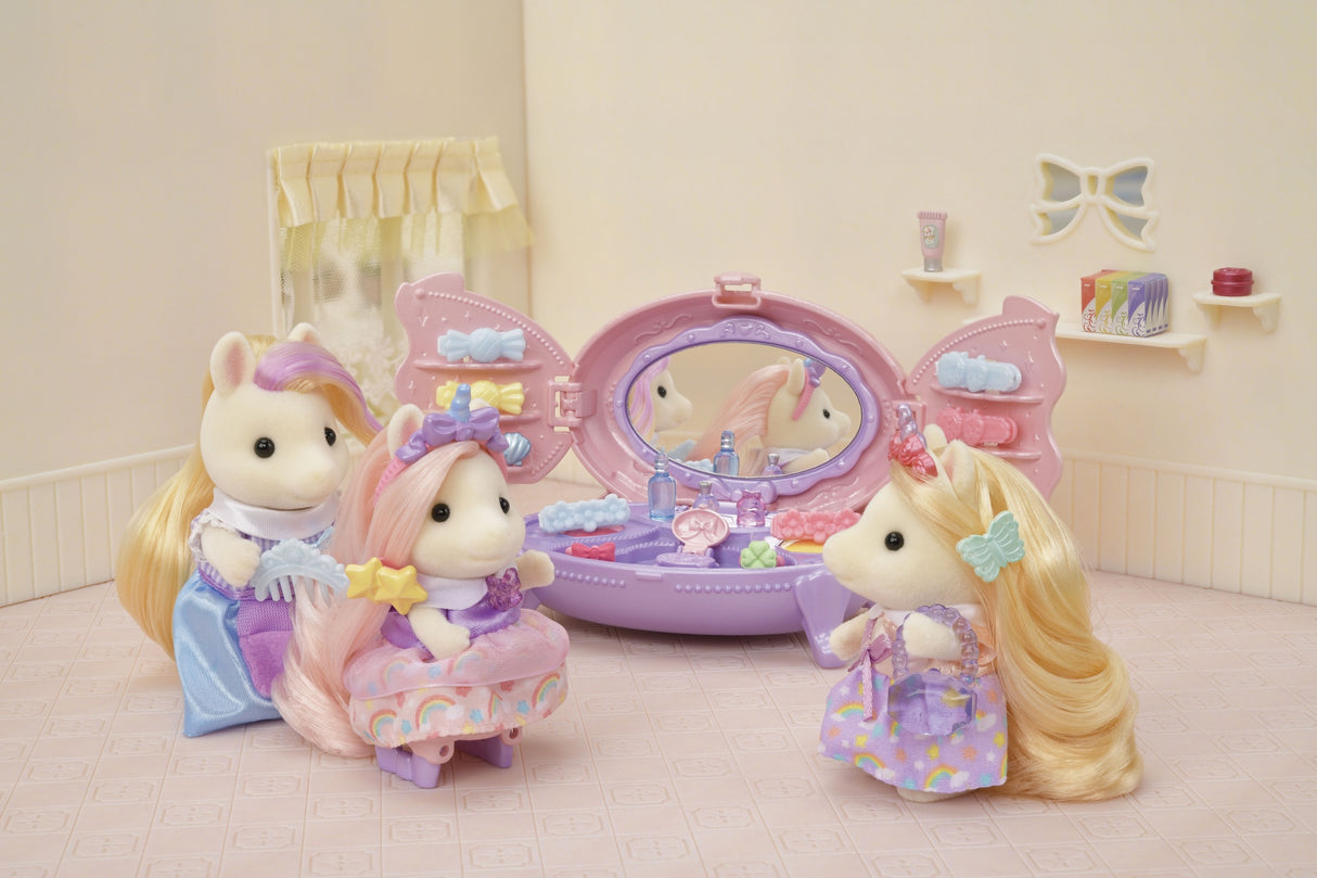 Coiffeuse Fille Poney - SYLVANIAN FAMILIES - Joy aux cheveux roses - Accessoires de coiffure inclus