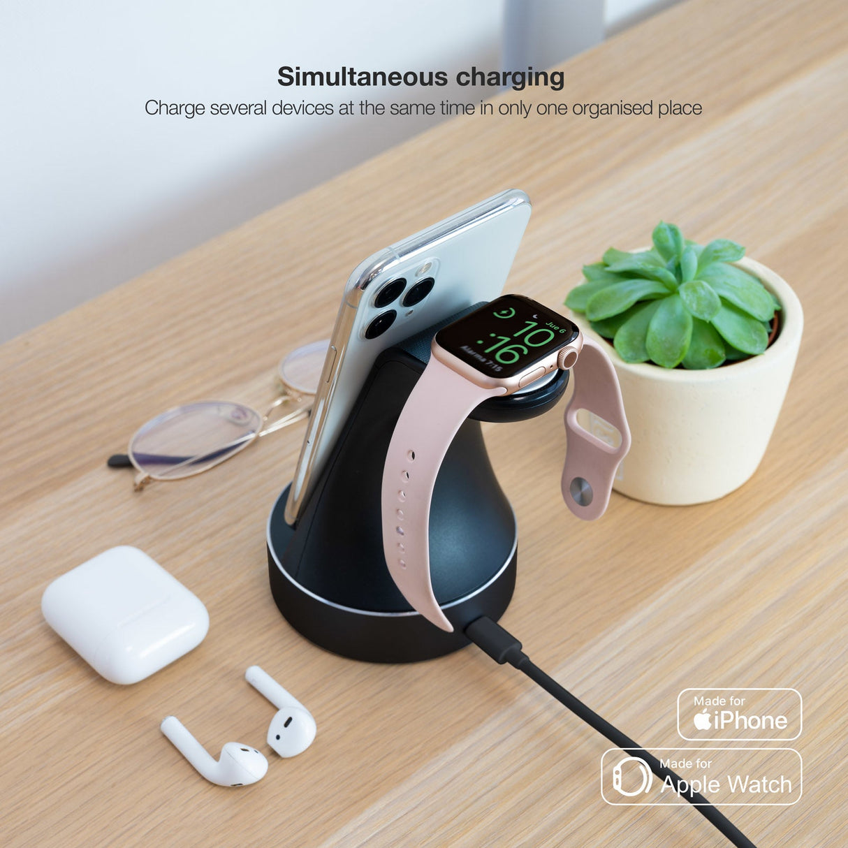 Chargeur sans fil TooQ pour Apple Watch et iPhone (Noir)