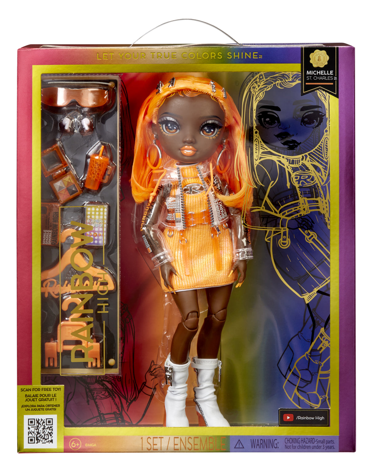 Rainbow High S23 Fashion Doll - Poupée 27 cm Michelle St Charles (Orange Fluo) - 1 tenue, 1 paire de chaussures et des accessoires