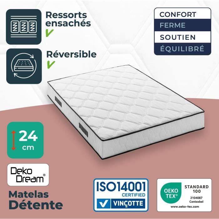 Matelas 160 x 200 cm - Hauteur 24 cm - 672 ressorts ensachés - 7 zones - Equilibré - réversible - fabriqué en Belgique - DEKO DREAM