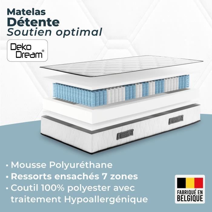Matelas 140 x 200 cm - Hauteur 19 cm - 580 ressorts ensachés - 7 zones - Equilibré - réversible - fabriqué en Belgique - DEKO DREAM