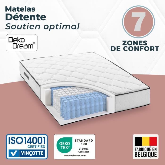 Matelas 160 x 200 cm - Hauteur 24 cm - 770 ressorts ensachés - 7 zones - Equilibré - réversible - fabriqué en Belgique - DEKO DREAM