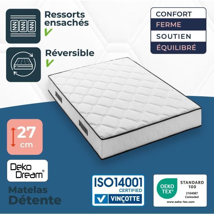 Matelas 180 x 200 cm - Hauteur 27 cm - 770 ressorts ensachés - 7 zones - Equilibré - réversible - fabriqué en Belgique - DEKO DREAM