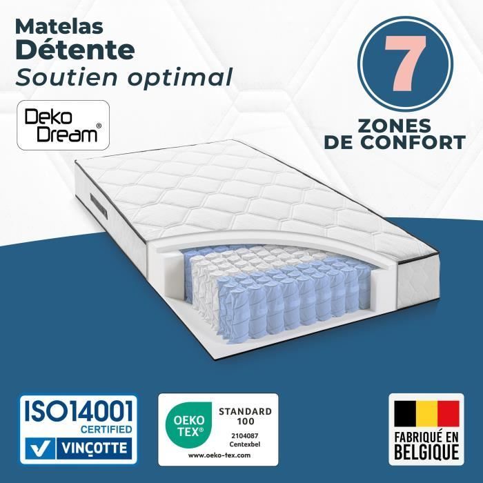 Matelas 90 x 200 cm - Hauteur 27 cm - 380 ressorts ensachés - 7 zones - Equilibré - réversible - fabriqué en Belgique - DEKO DREAM