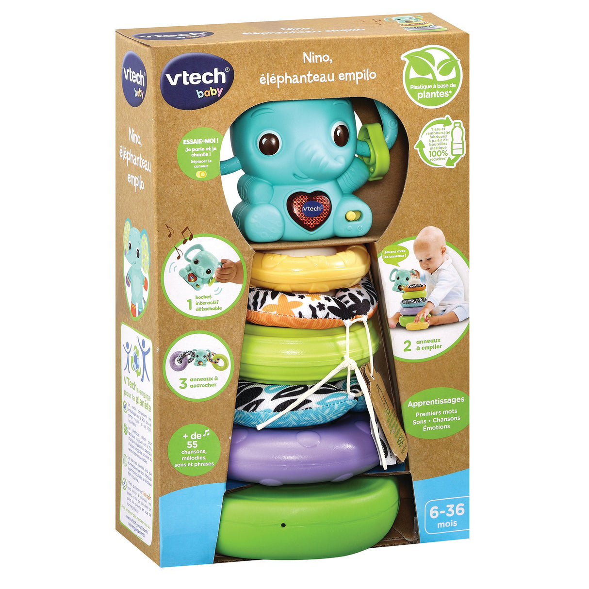 VTECH BABY - Play Green - Nino, Éléphanteau Empilo 3 en 1 (Plastique Bio Sourcé)