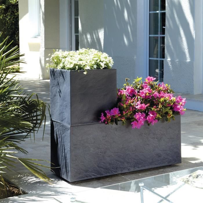 Jardiniere Volcania - EDA - 98 L - Intérieur / Extérieur - Décor Pierre - 99,5 x 39 x H. 43 cm - Gris Anthracite